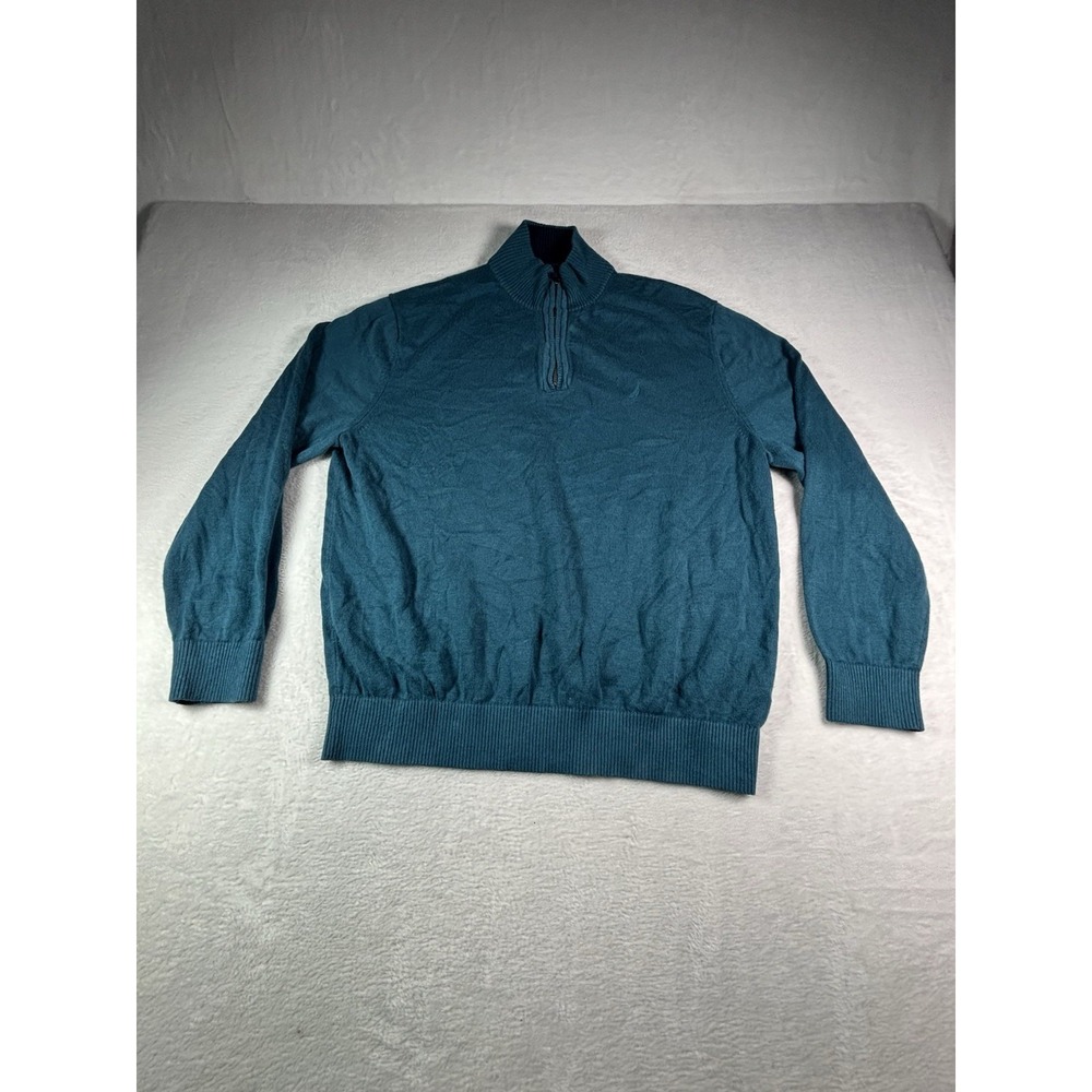 Nautica Mens Teal Blue 1/4 Zip Cotton Knit Pullover Sweater XL Extra Large